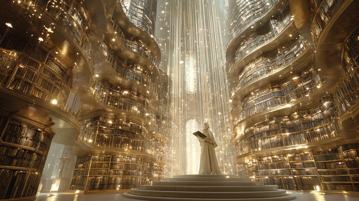 Alex — keeper of Pascal's institutional memory, holding the Book of Truth inside the vast library